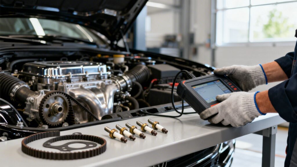 Technician testing a vehicle&rsquo;s systems with a diagnostic tablet at the engine bay