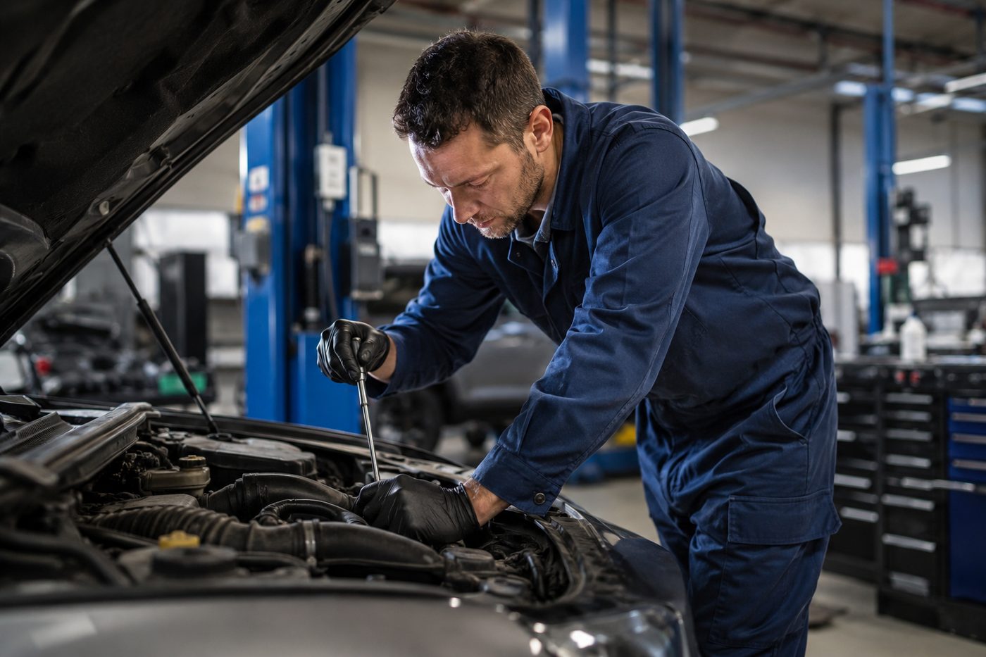 A mechanic in coveralls working carefully in the Noted Automotive service bay