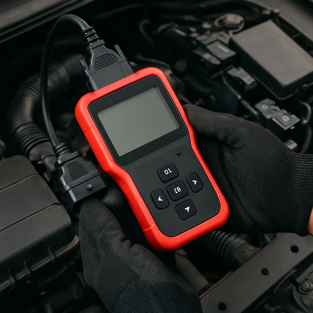 Technician holding a diagnostic scanner plugged into a car&rsquo;s engine bay